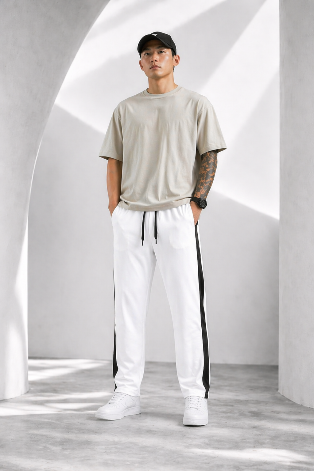 Men's Regular Fit Track Pants with Side Stripe, Adjustable Drawstring & Pockets