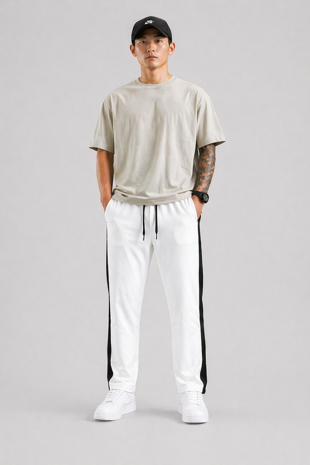 Men's Regular Fit Track Pants with Side Stripe, Adjustable Drawstring & Pockets