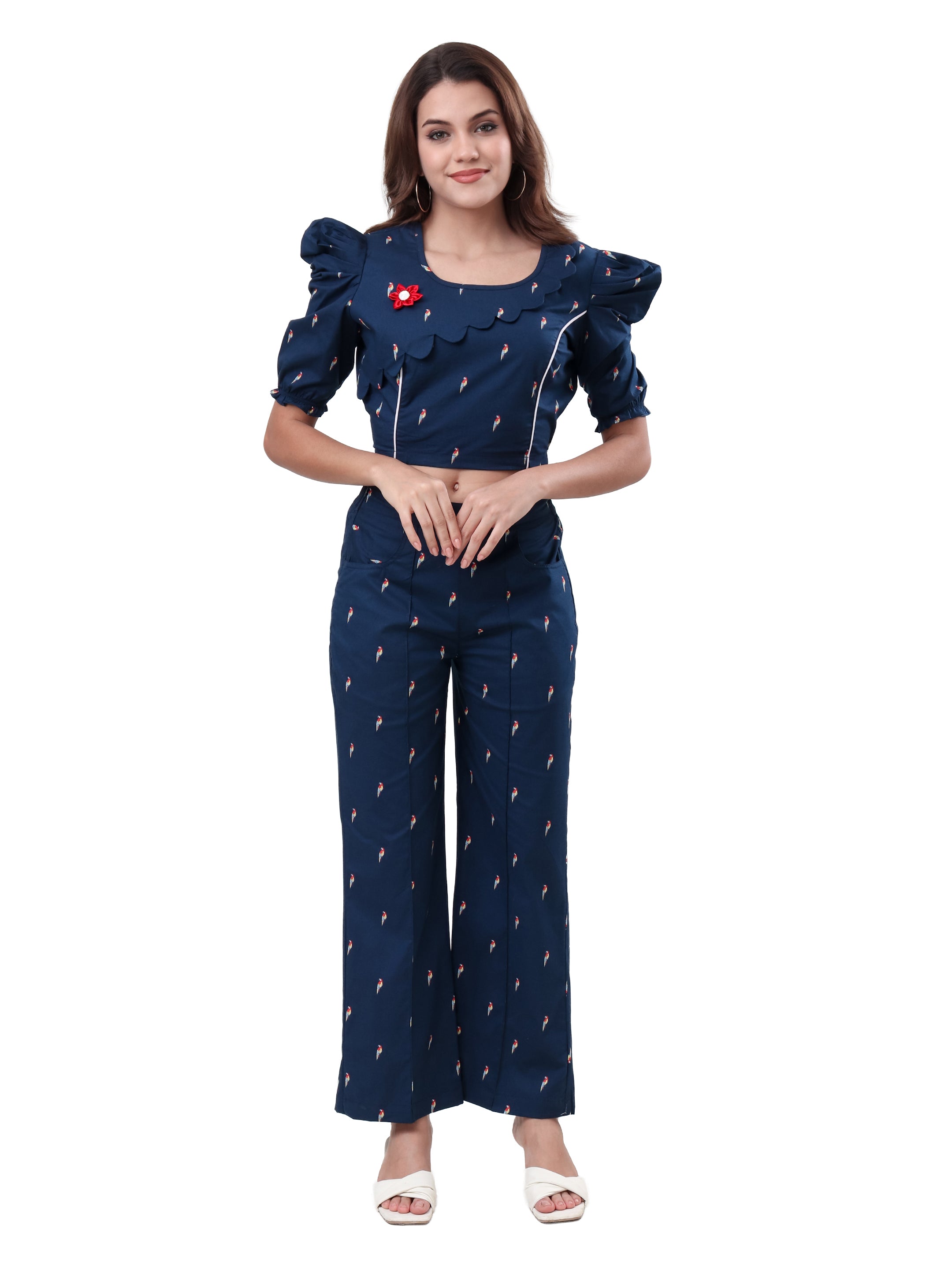 Women's Printed Crop Top & Wide Leg Pants Co-Ord Set with Puff Sleeves